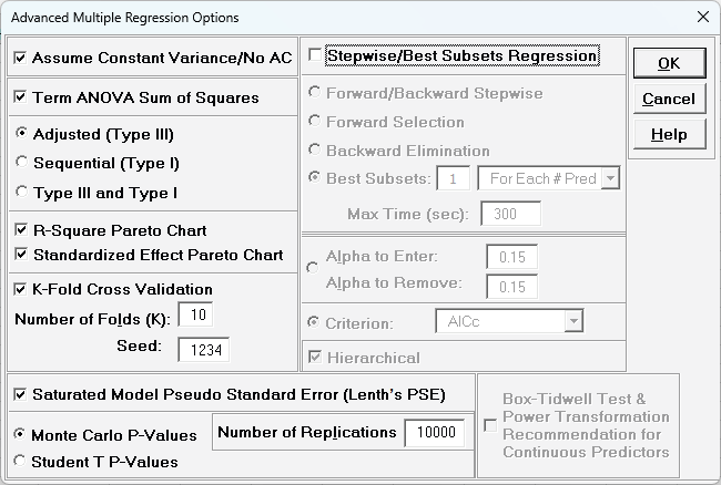 Multiple Regression Dialogue Test/Sample ID Advanced Options