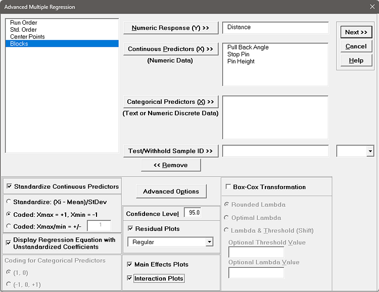 Advanced Multiple Regression Catapult Model Settings