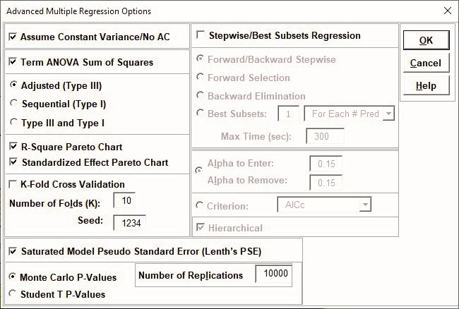 RSM Advanced Multiple Regression Advanced Settings