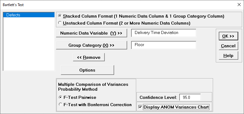 Bartlett's Test for Equal Variance