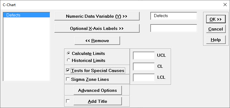 SigmaXL C-Chart Options