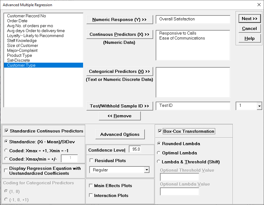 Multiple Regression Dialogue Test/Sample ID