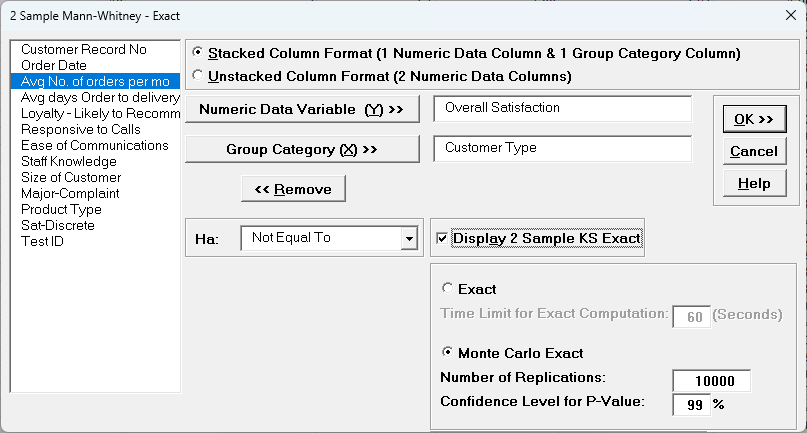 Mann-Whitney Exact Dialog Options