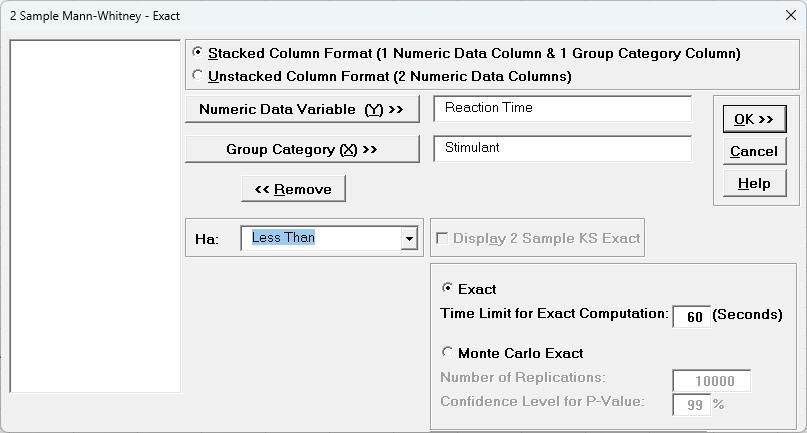 Mann-Whitney Exact - Ha: Less than