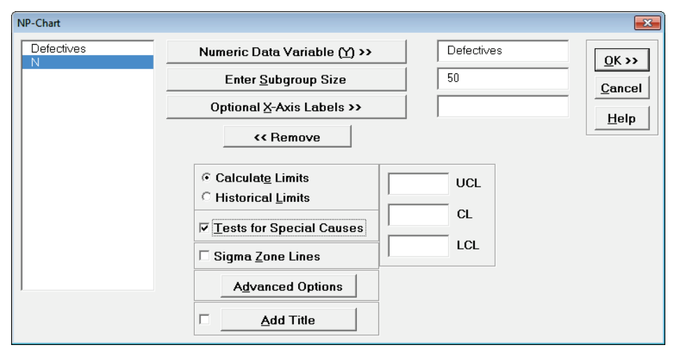 SigmaXL nP-Chart Options