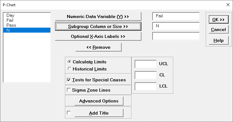 SigmaXL P-Chart Options